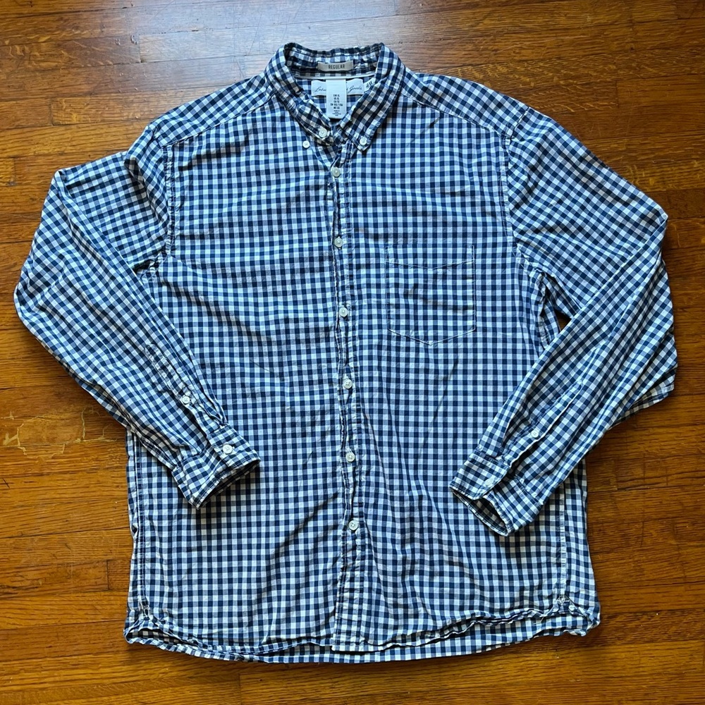 H&M LOGG Blue Gingham Plaid Button Down Shirt XL